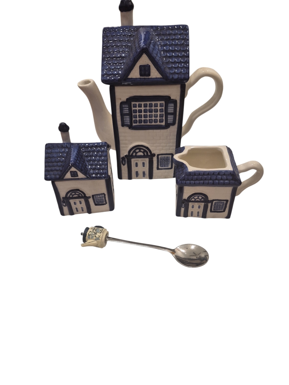 Vintage Ckao Blue & Cream Ceramic House Teapot Set with Creamer and Sugar